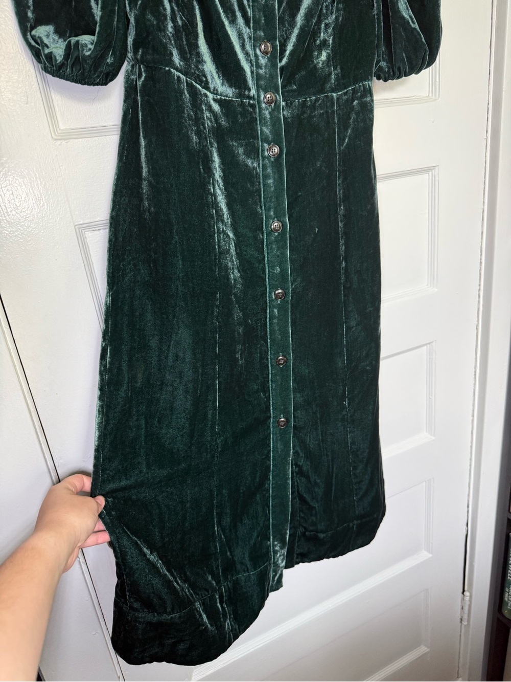 J.Crew Emerald Velvet Puff Sleeve Square-Neck Button Front Midi Dress Whimsigoth - Picture 9 of 14